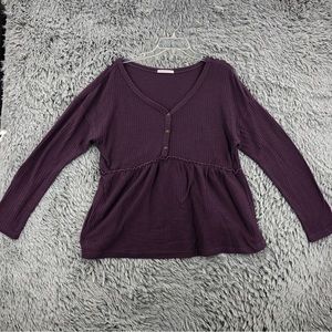 Pink Mstyle Top Womens 2Xl Purple Thermal Peplum Vneck Long Sleeve Shirt